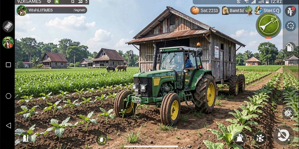 Tangkapan layar dari gameplay <strong>9ZKGAMES</strong> menunjukkan suasana pertanian yang aktif dan ceria.