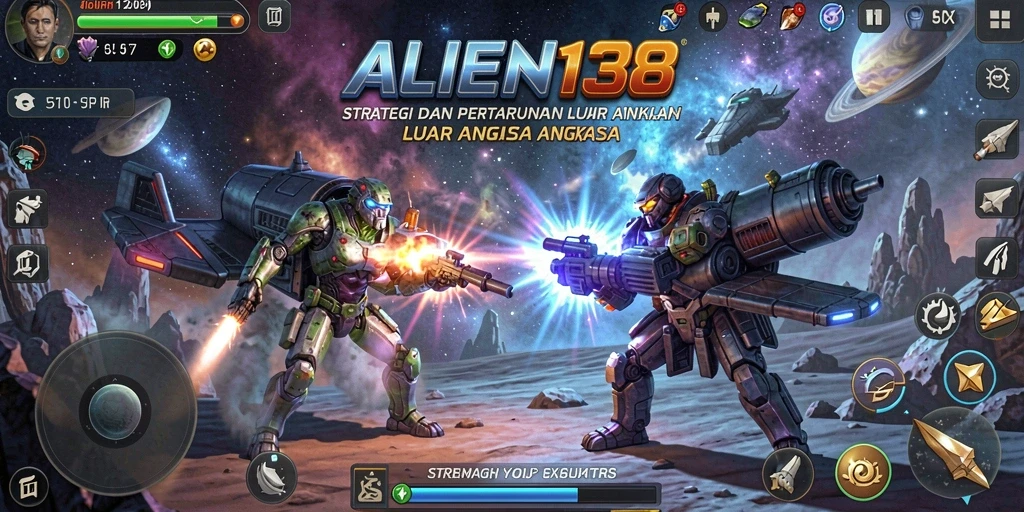 Tangkapan layar ALIEN138 menampilkan pertempuran luar angkasa yang seru.