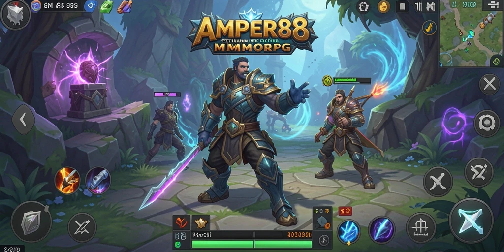 Screenshot gameplay <strong>AMPER88</strong> menunjukkan pertempuran epik dan dunia fantasi yang luas.