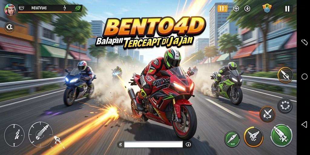 Tampilan gameplay BENTO4D dengan balapan motor yang mendebarkan.