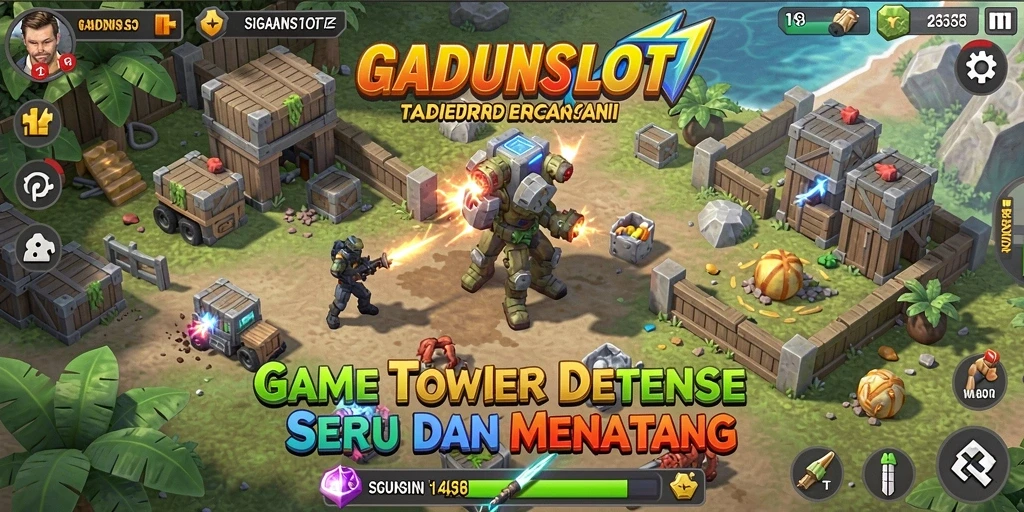 Tampilan gameplay GADUNSLOT dengan aksi Tower Defense intens.