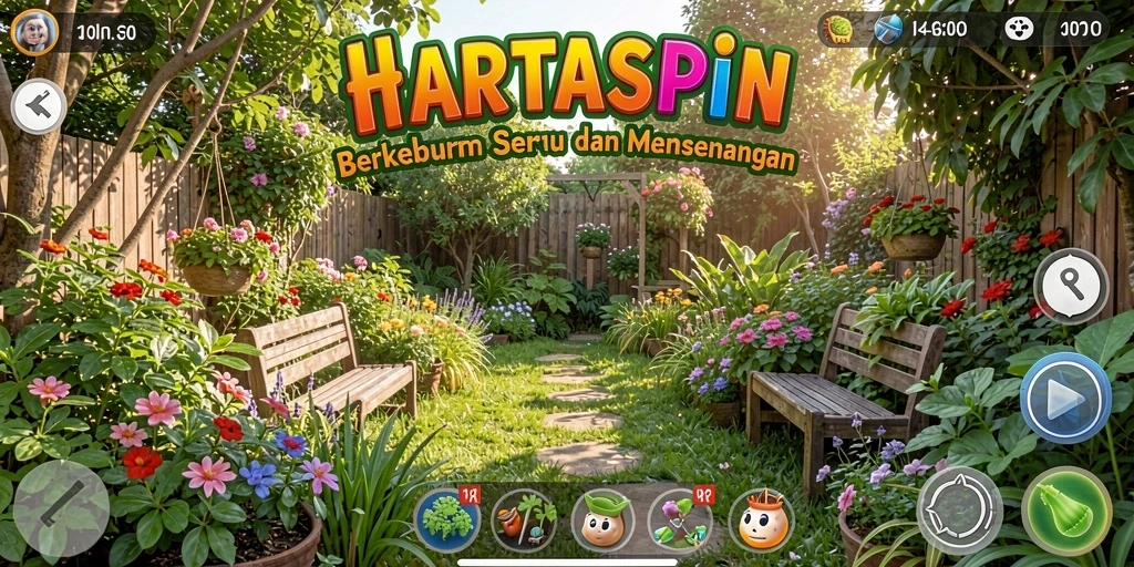 Tampilan gameplay <strong>HARTASPIN</strong> yang menggambarkan aktivitas berkebun yang seru.