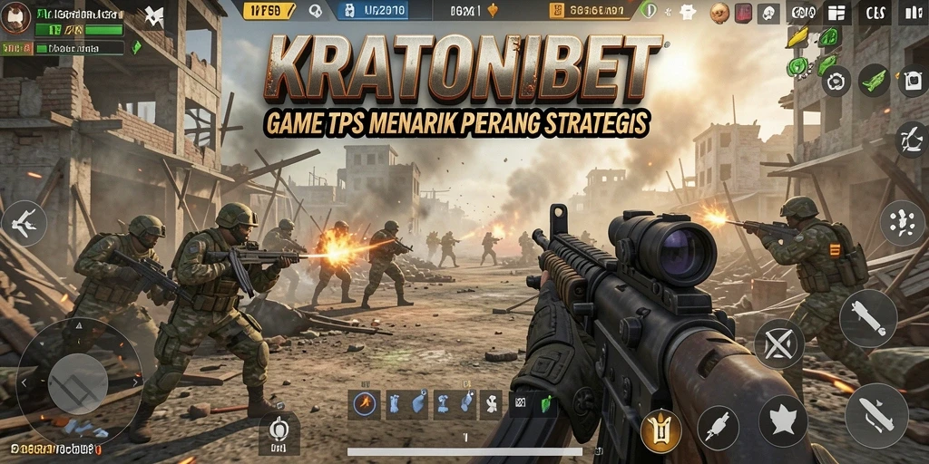 Screenshot gameplay KRATONBET menampilkan pertempuran intens di arena TPS.