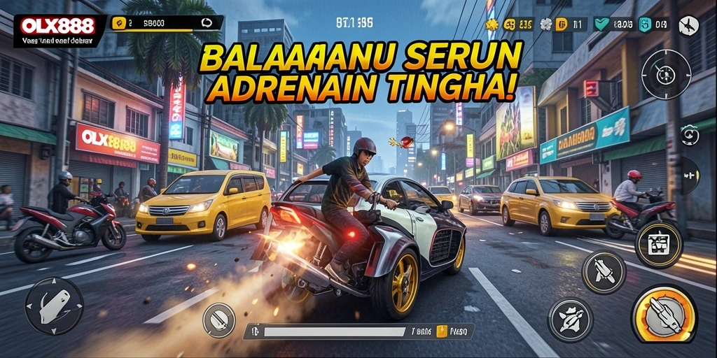 Tangkapan layar gameplay OLX888 menampilkan adu balap seru di jalanan.