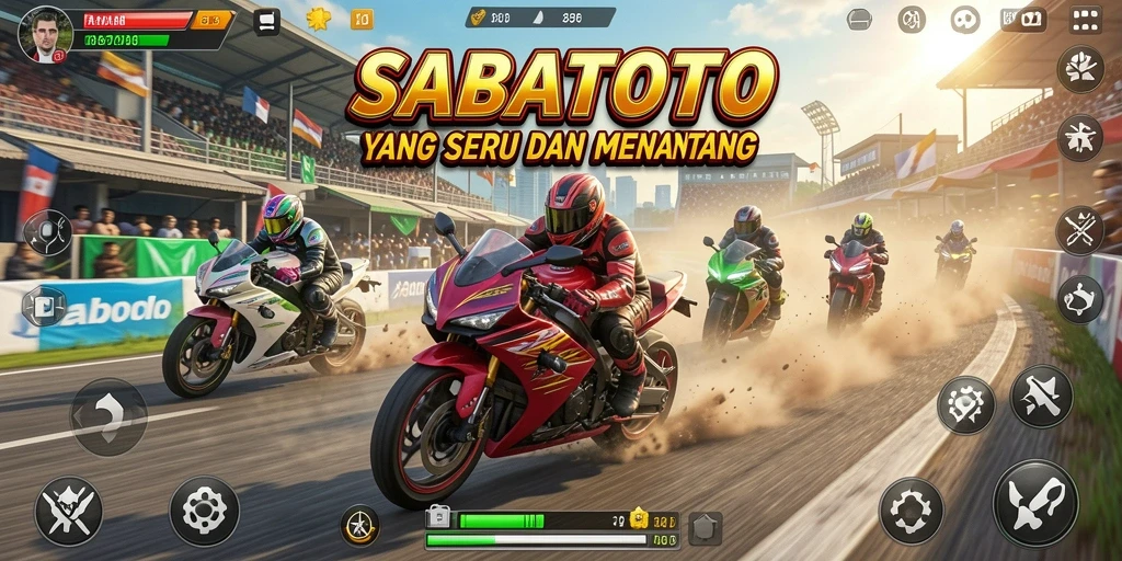 Screenshot SABATOTO menampilkan aksi balapan motor yang mendebarkan.