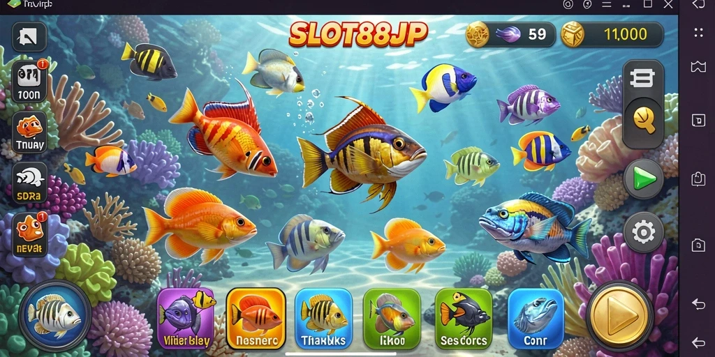 Screenshot gameplay SLOT88JP dengan ikan warna-warni dan senjata menarik.