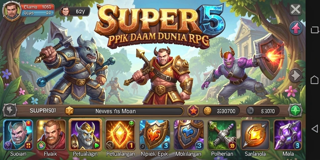 Tangkapan layar utama SUPER5 menunjukkan aksi pertarungan RPG yang mendebarkan.