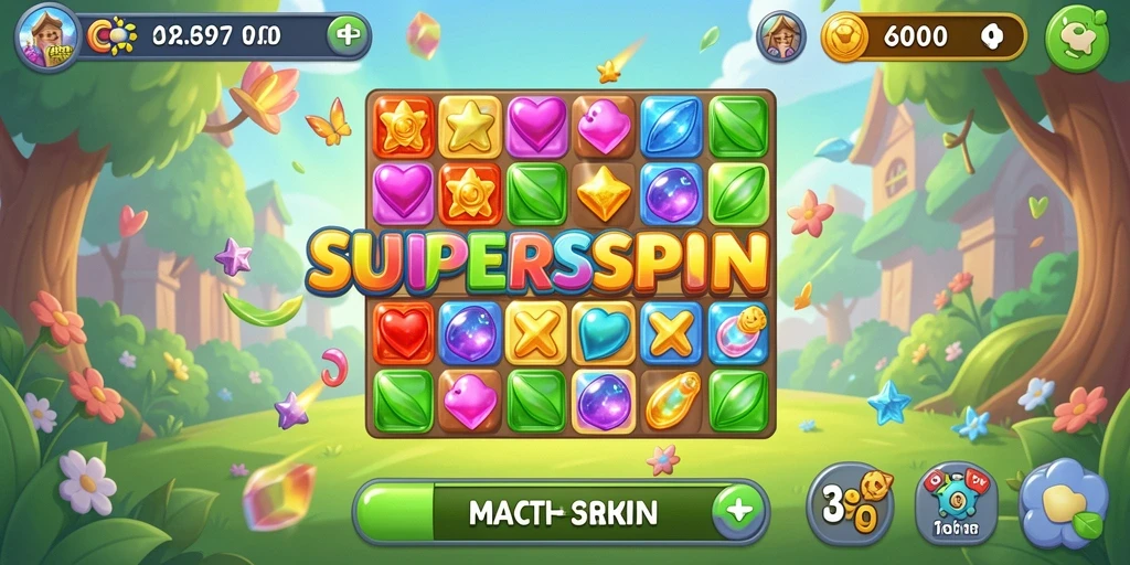 Tampilan gameplay seru SUPERSPIN dengan grafis Match-3 yang menawan.